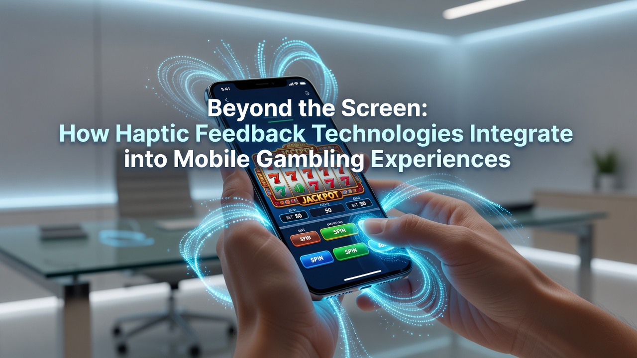 Mobile device displaying a slot game with haptic feedback indicators visualized through subtle vibration patterns on screen
