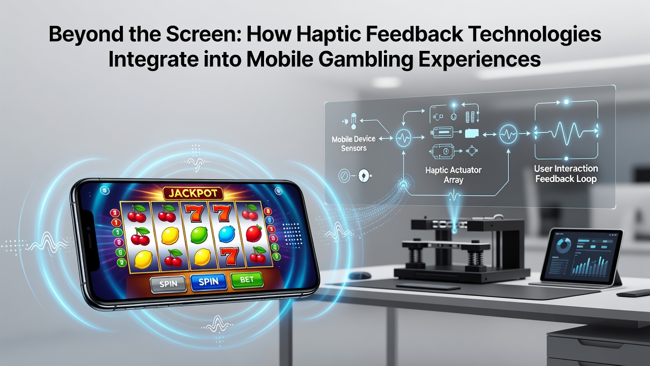 Close-up view of a smartphone screen showing a poker interface with overlaid haptic waveform graphics demonstrating feedback intensity levels