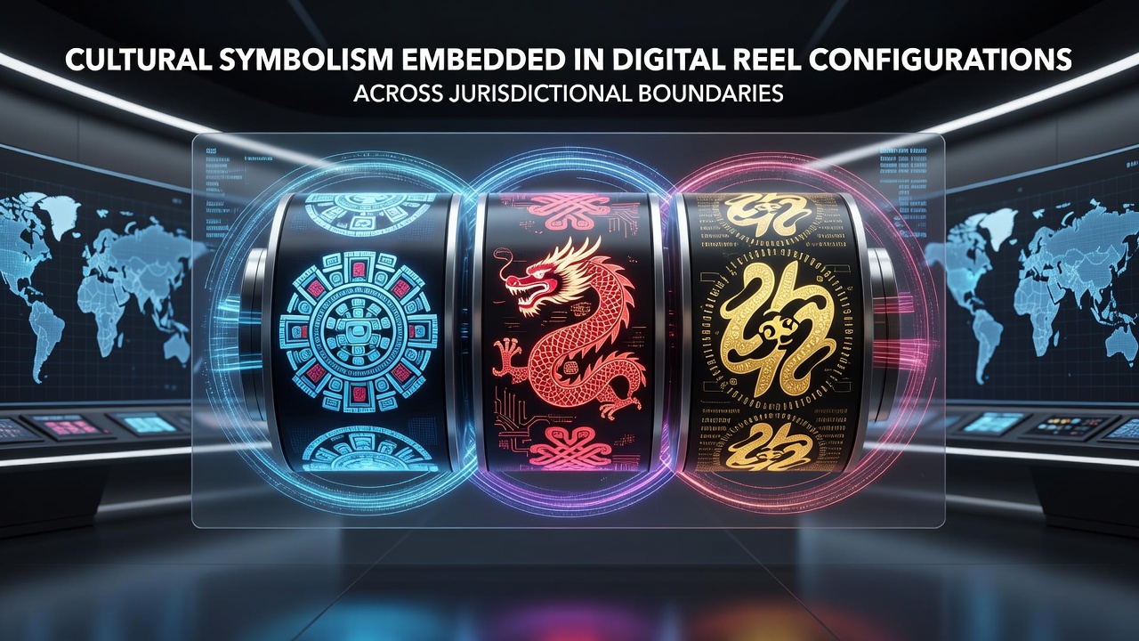 Digital slot reels displaying culturally significant symbols from various global regions including dragons, eagles, and traditional motifs