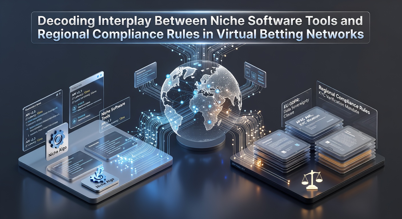 Specialized software interfaces displaying compliance dashboards for virtual betting networks across multiple regions