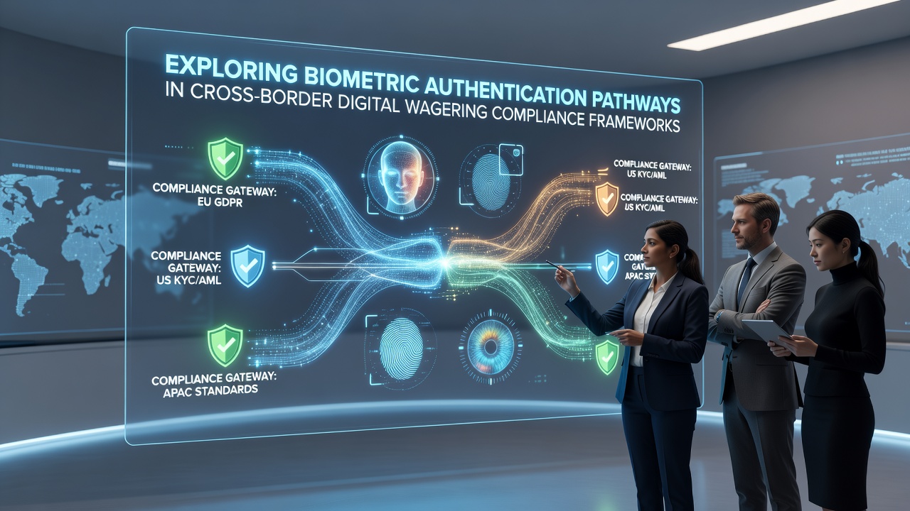Secure data flow diagram illustrating biometric verification across international wagering networks