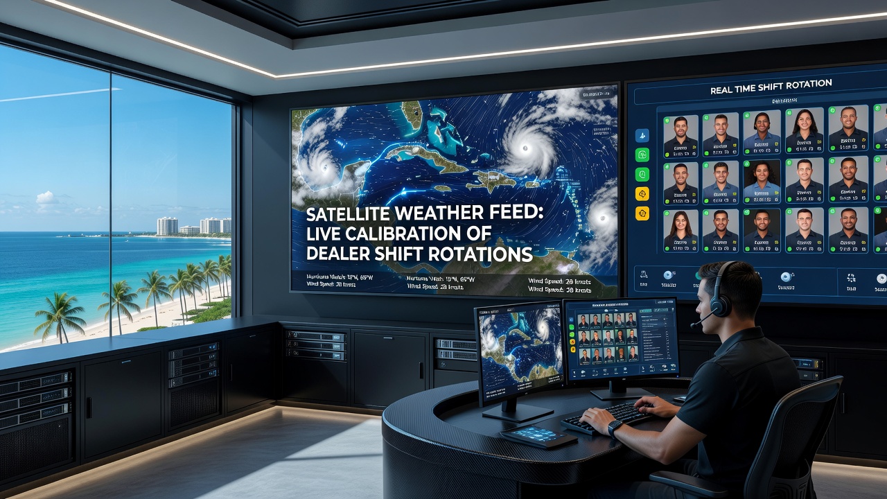 Satellite imagery overlay on a Caribbean digital card room operations dashboard showing weather patterns and dealer shift schedules