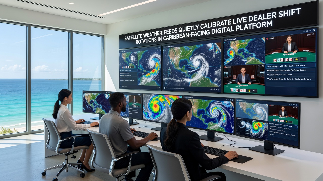 Live dealer studio interior with multiple gaming tables and staff coordination monitors displaying shift adjustments
