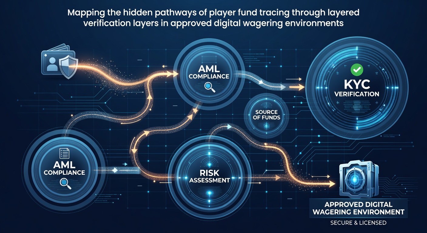 Diagram showing interconnected verification layers in digital wagering platforms with fund flow arrows