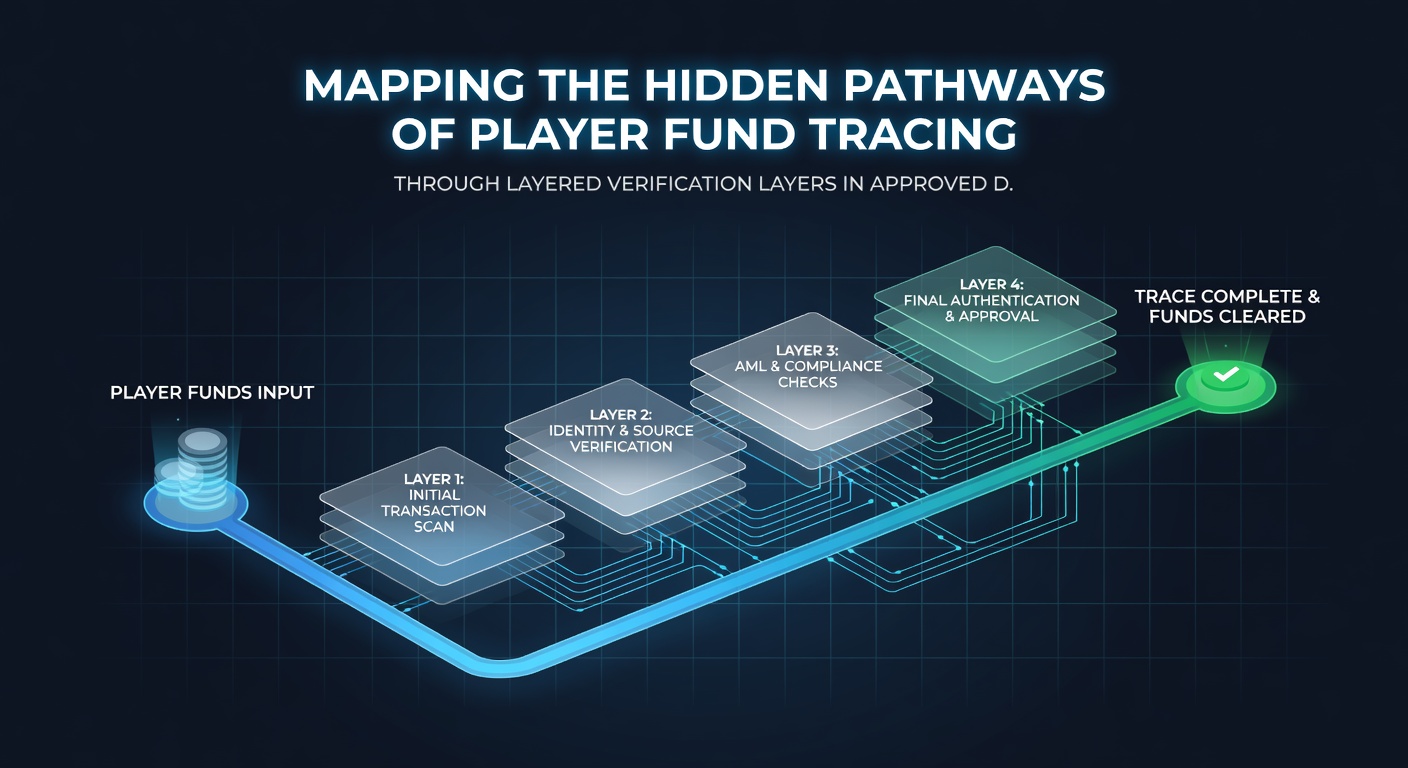 Flowchart illustrating player fund tracing from deposit through verification stages to withdrawal in online wagering