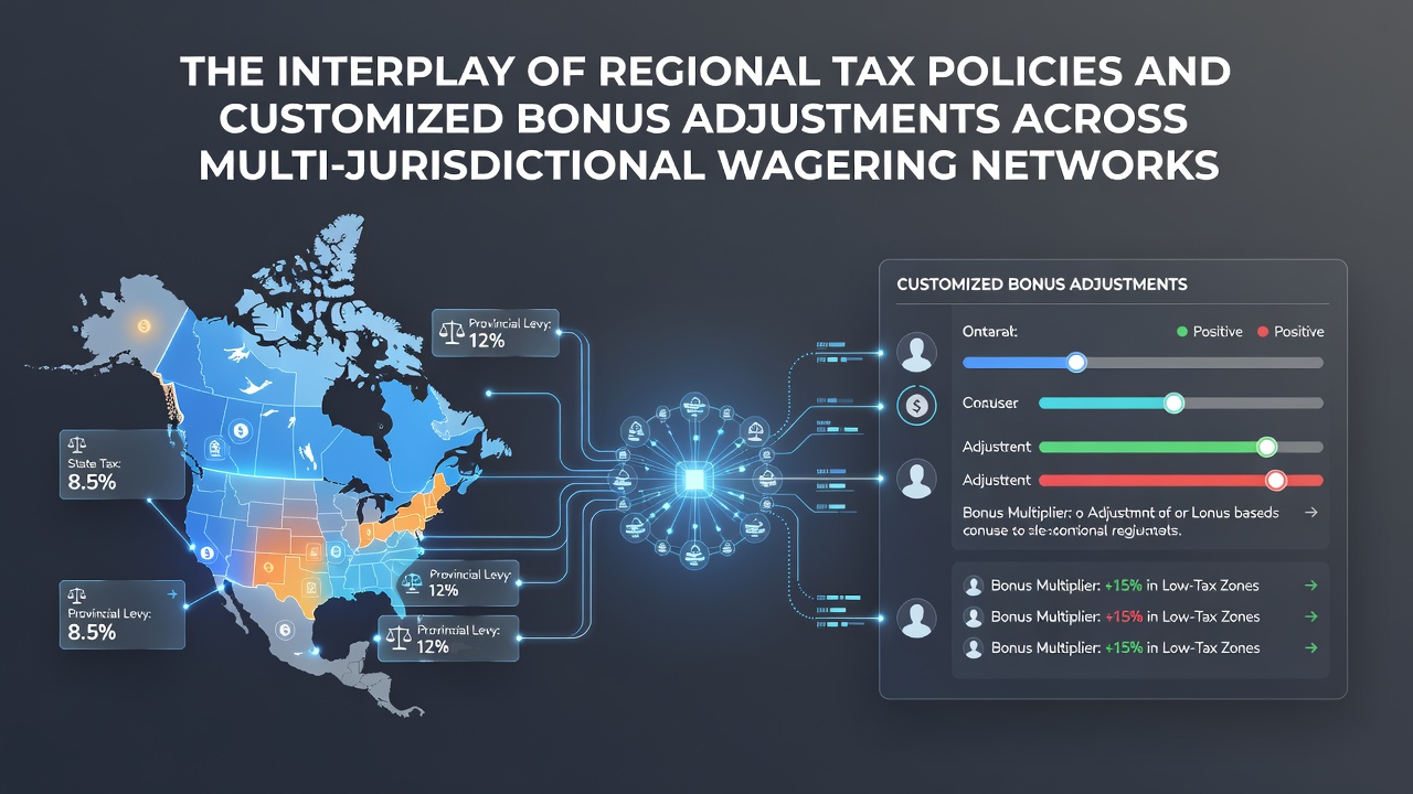 Tax policy documents and digital bonus interfaces displayed across multiple regional gaming regulatory maps