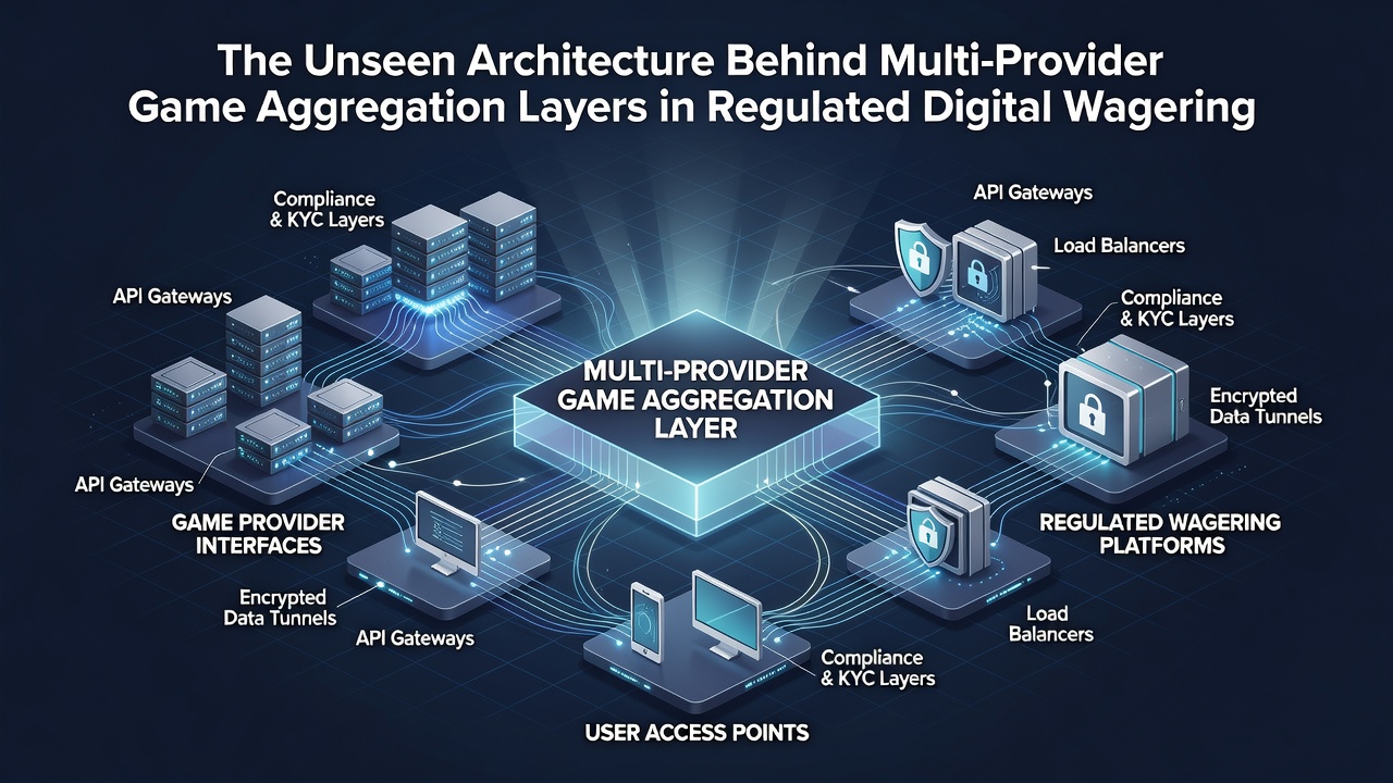 Technical flowchart of data flow through aggregation middleware connecting game providers to regulatory databases
