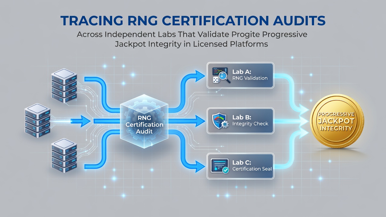 Independent lab technicians reviewing RNG certification reports for progressive jackpot systems in a controlled testing environment