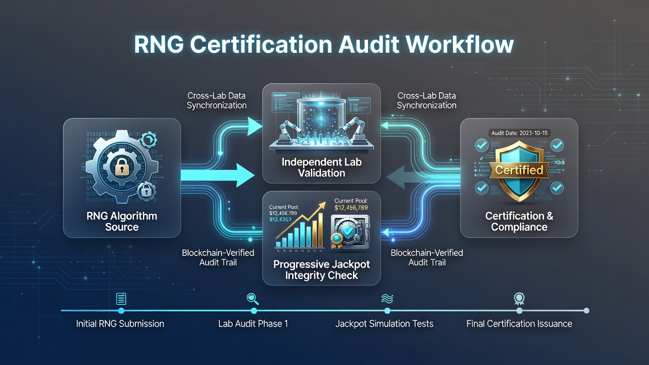 Flowchart displayed on a monitor showing the step-by-step RNG audit pathway from software submission to regulatory approval for jackpot validation