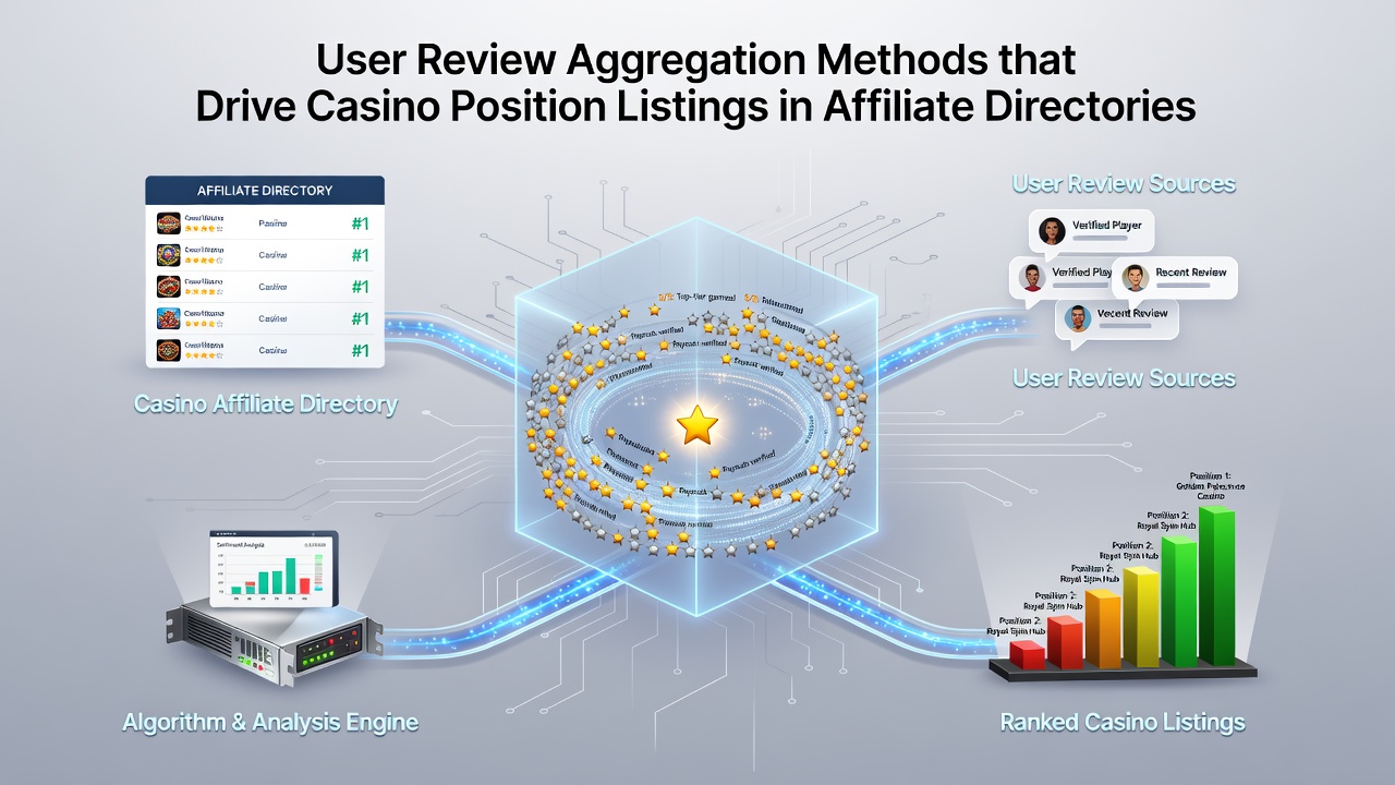 Diagram showing how aggregated user reviews influence casino rankings across affiliate directory platforms