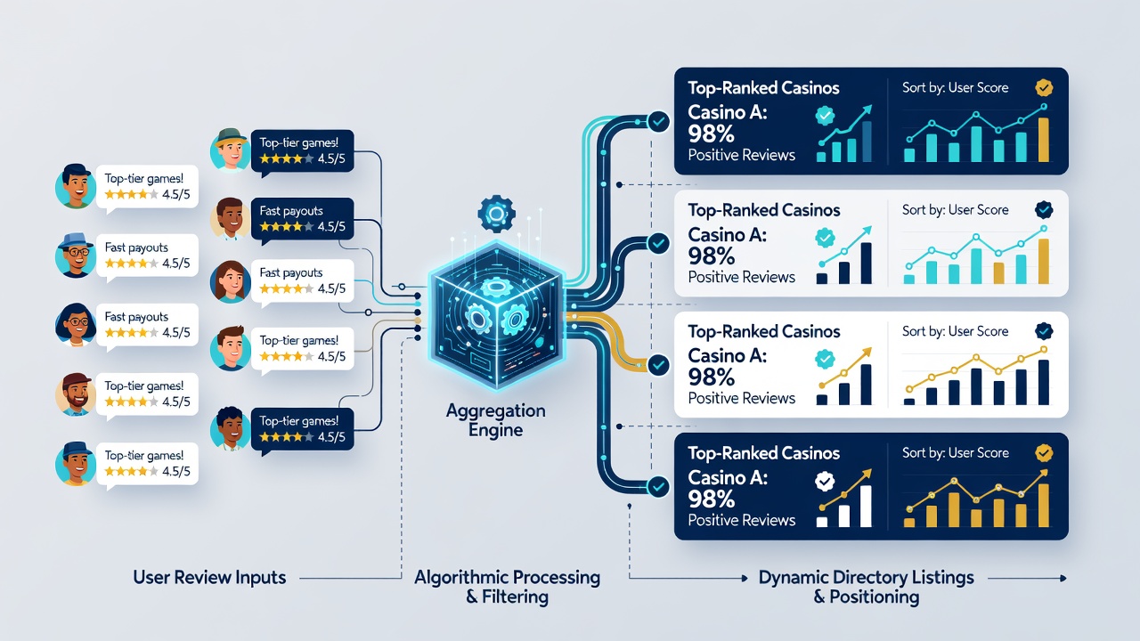 Flowchart illustrating the integration of review data with affiliate performance metrics in casino directories