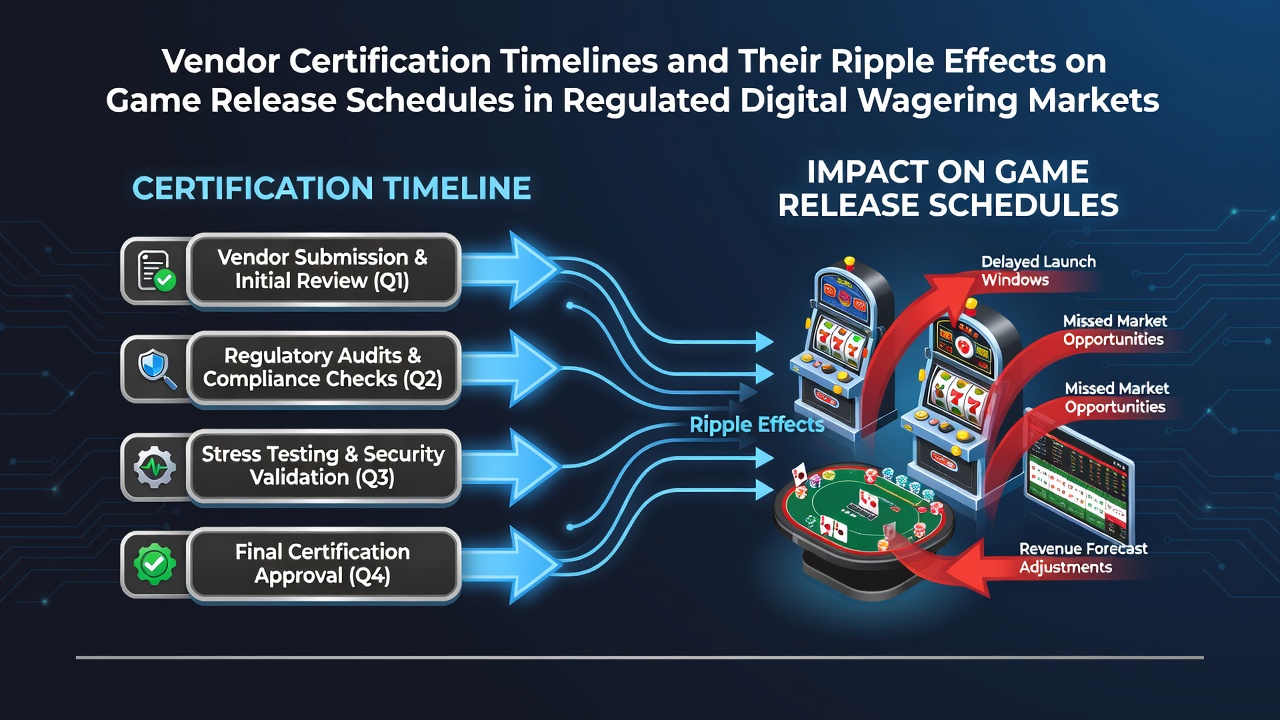 Timeline graphic showing vendor certification steps and approval stages in digital wagering platforms