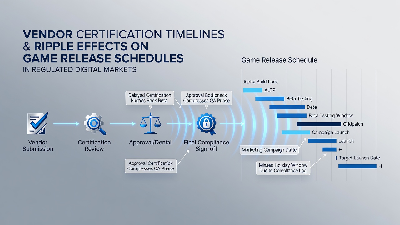 Industry analysts reviewing certification documentation and release planning documents for wagering platforms